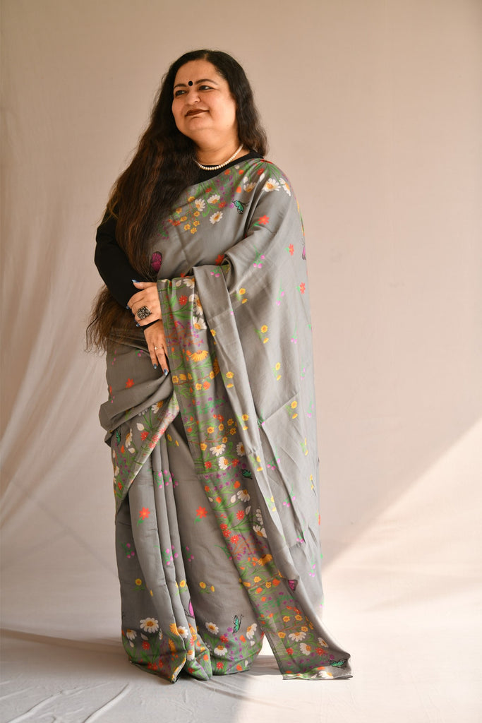 Elegant and Graceful Ash Grey Chanderi Silk Saree with floral prints.