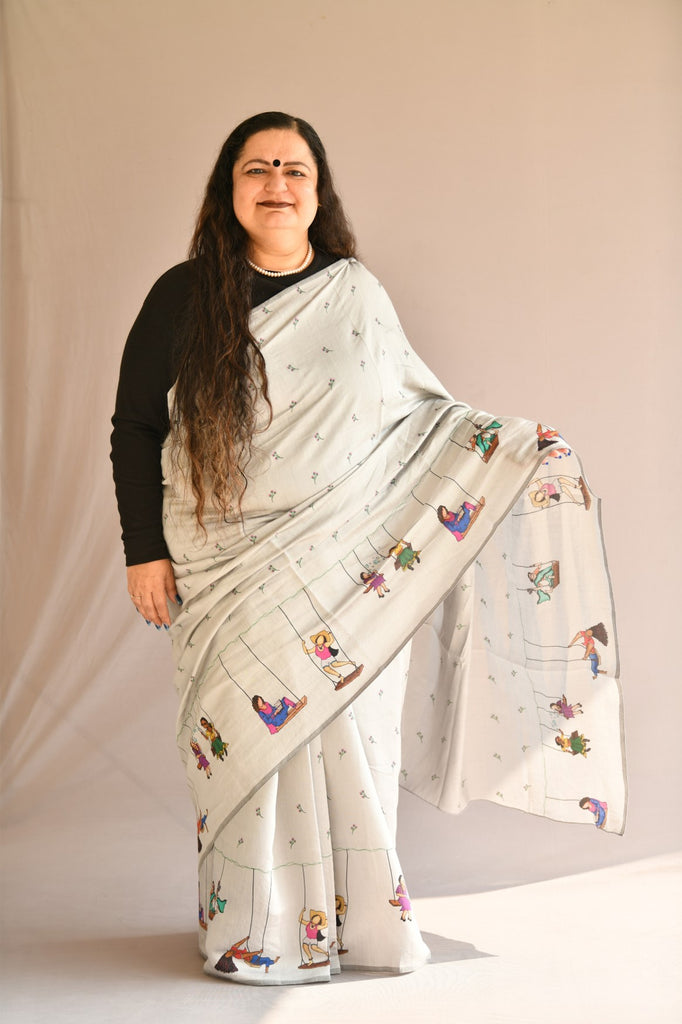 Falguni Vasavada influencer wearing a Silver saree Silver colour hand painted women at leisure collection saree.