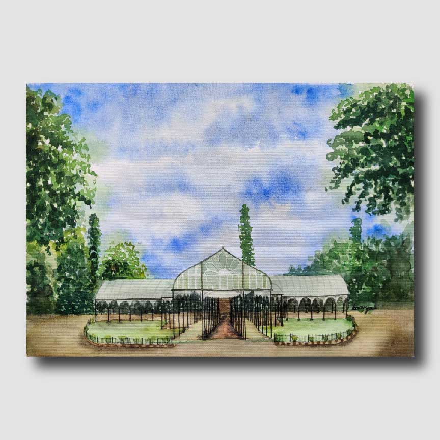 Vibrant painting of Lalbagh Glasshouse in Bangalore by Kaavya Sampath