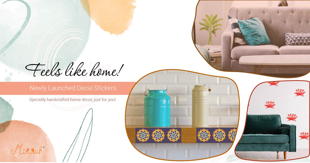 Website banner that shows 3 different images of decal stickers on furniture, wall and shelf.
