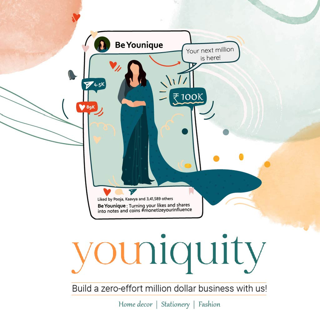 The images shows the instagram handle of a woman in a saree converting her likes to money using social media, by the program called Youniquity  from House of Mirrah