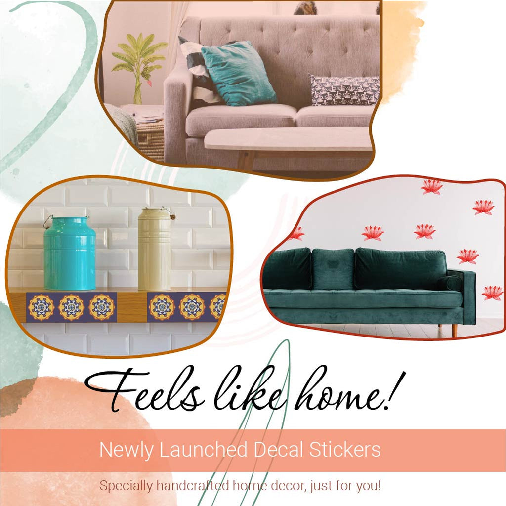 Website banner that shows 3 different images of decal stickers on furniture, wall and shelf.